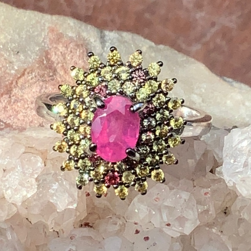 RUBY & YELLOW SAPPHIRE 925 STERLING SILVER RING, SIZE 6.75